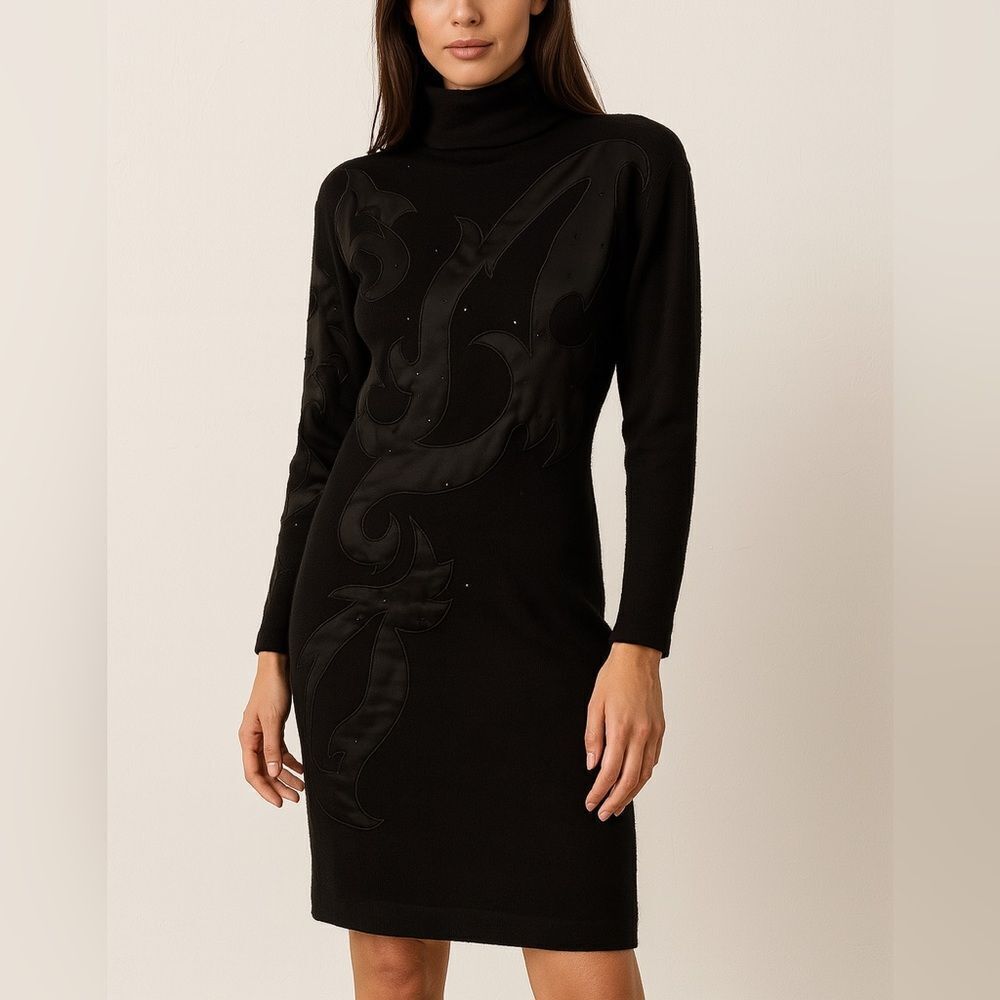 Outlander Vintage Black Wool Embellished Turtleneck Sweater Dress Size S